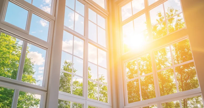 Beautiful Daylight Through Smart Glass Windows Energy Savings Bright naturally-lit modern living room interior featuring floor-to-ceiling smart insulating glass windows providing abundant daylight, outdoor views, and thermal comfort without glare or excessive heat gain, demonstrating superior performance versus traditional insulation approaches - InfoProds Home Design 2026