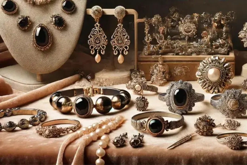 Collection of valuable vintage jewelry finds from thrift stores and estate sales including Victorian mourning brooch, Art Deco rhinestone pieces, signed designer jewelry, and sterling silver items representing successful treasure hunting results - profitable jewelry collecting InfoProds 2026