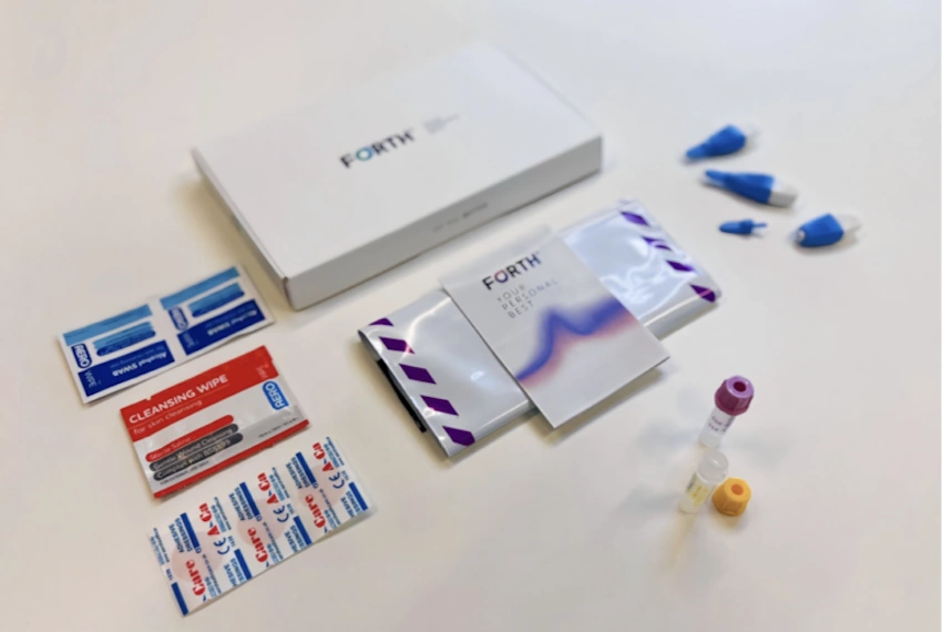 At-Home Blood Test Kit Sample Collection and Laboratory Analysis At-home laboratory testing kit with blood sample collection supplies, lancets, collection tubes, and shipping materials for comprehensive metabolic panel and hormone biomarker analysis - remote health testing - InfoProds 2026
