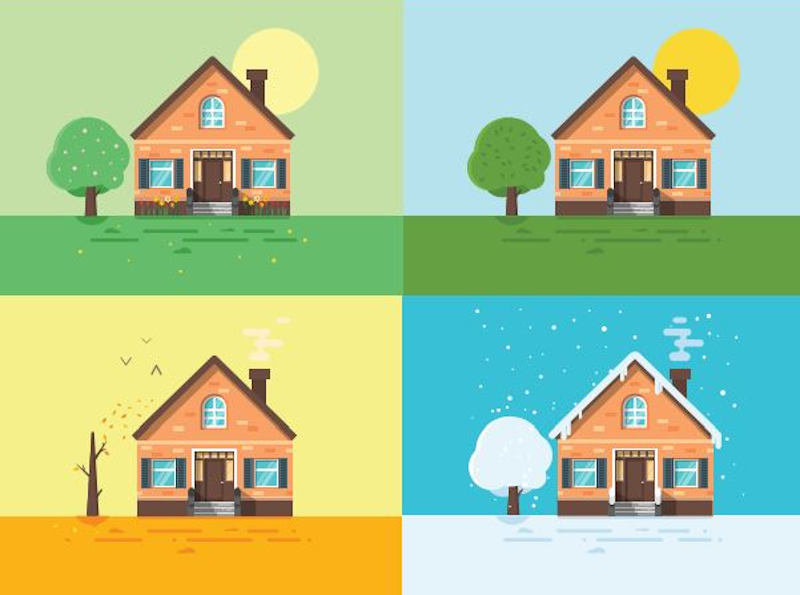 Seasonal home transition checklist showing fall-to-winter and spring-to-summer preparation tasks including HVAC maintenance window treatments and thermostat programming for maximum energy savings - InfoProds 2026