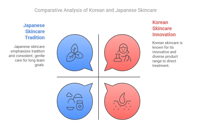 Long-Term Skincare Results Korean vs Japanese Philosophy Before and after skin aging comparison showing 10-year results of consistent Japanese prevention-focused routine versus Korean intensive treatment approach demonstrating cumulative effects of different philosophies
