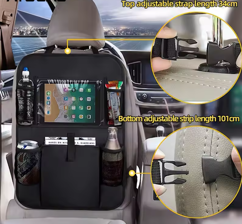 Multi-pocket car back seat organizer with tablet holder and storage compartments filled with travel essentials and children's items