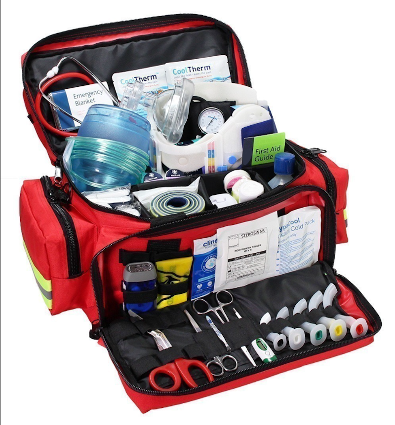 Emergency first aid supplies showing wound care bandages medical tape and medications for treating injuries during survival situations - first aid kit InfoProds 2026