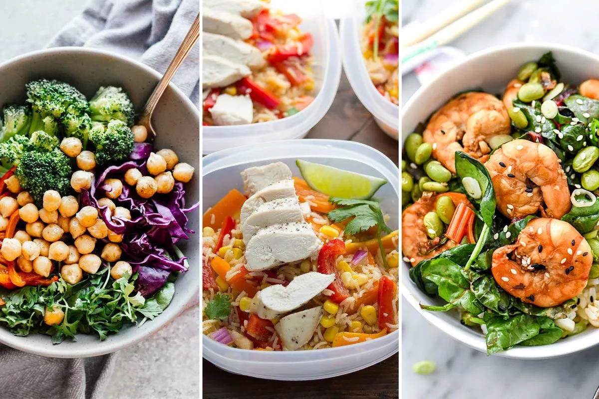 Healthy Meal Prep - Balanced Nutritious Meals for Different Dietary Goals and Lifestyles Colorful healthy meal prep bowls with proteins grains and vegetables showing balanced nutrition planning