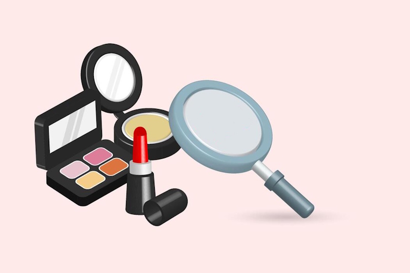 Close-up of hands holding magnifying glass examining makeup expiration date PAO symbol on cosmetic product label, beauty safety inspection, contaminated cosmetics identification - InfoProds 2026
