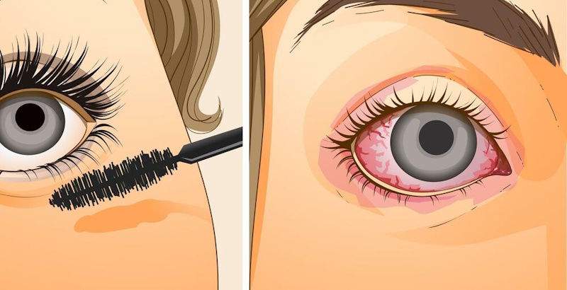 Side by side comparison showing fresh clean mascara wand next to contaminated expired mascara with bacterial growth visible, makeup safety hazards, cosmetic expiration dangers - InfoProds 2026