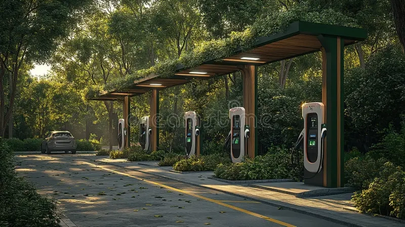 Electric Vehicle Charging at Scenic Highway Rest Stop with Organized Trunk Accessories. Modern electric vehicle parked at highway rest area charging station with open trunk displaying neatly organized travel accessories including portable EVSE charger cables adapters emergency equipment and storage solutions for long distance 500 mile EV road trip journey preparation InfoProds 2026