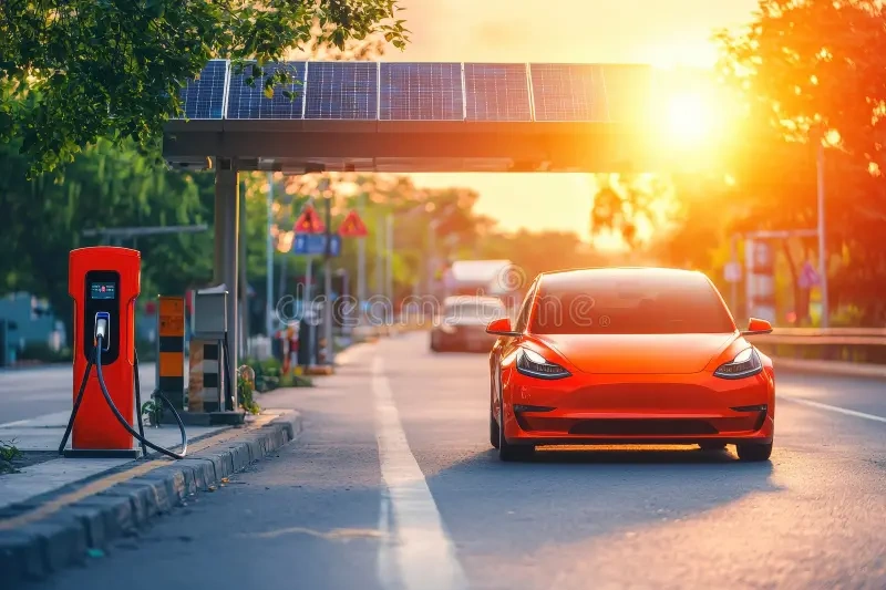 Electric Vehicle Sunset Road Trip Success Celebration with Charging Infrastructure Modern electric vehicle silhouetted against dramatic sunset sky at highway charging station symbolizing successful completion of 500 plus mile EV road trip adventure with proper preparation planning and essential travel accessories demonstrating electric mobility capabilities InfoProds 2026