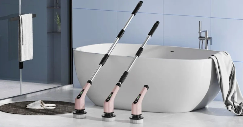 Bathroom cleaning tools and innovative gadgets including automatic cleaners and specialized brushes