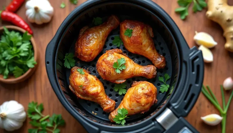 Air fryer cooking chicken showing modern kitchen appliance in use for healthy cooking