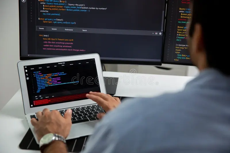 University computer science student working on MacBook laptop with code editor development environment and multiple programming windows open demonstrating real world academic performance requirements for STEM coursework and software engineering projects InfoProds 2026