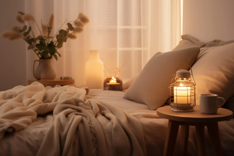 Serene peaceful bedroom with optimal temperature humidity and lighting conditions for quality beauty sleep - sleep environment optimization for enhanced skin regeneration overnight repair and healthy glowing complexion - InfoProds 2026