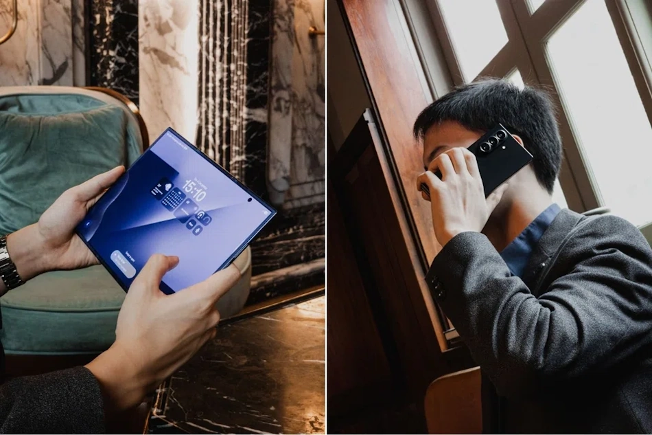 Professional workspace showing tri-fold smartphone in tablet mode with multiple applications running simultaneously, demonstrating advanced multitasking capabilities, split-screen interfaces, and desktop-class productivity features replacing traditional tablets and laptops - InfoProds 2026