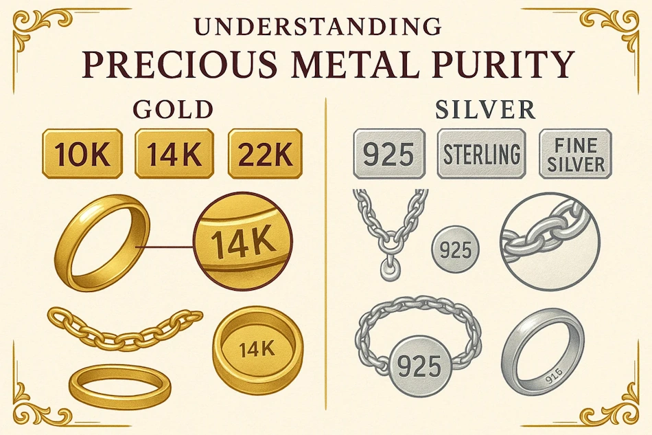 Official gold hallmarks stamps and government quality markings Magnified view of official gold hallmarks quality stamps and government-mandated karat markings showing legal standards for gold jewelry authentication InfoProds 2026