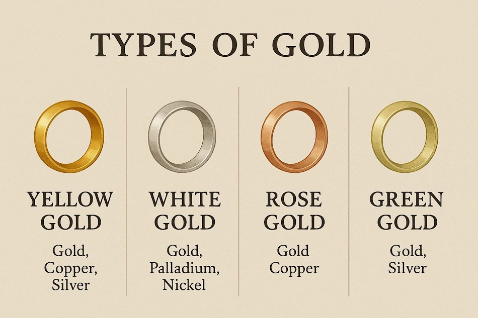 Different gold colors showing karat purity color variations Side-by-side comparison of yellow gold rose gold and white gold jewelry in various karat purities showing color deception in quality assessment InfoProds 2026