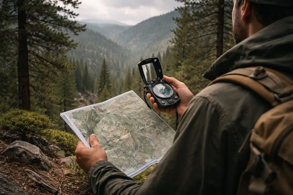 Following Compass Bearing Through Forest Terrain Navigator following precise compass bearing while hiking through dense forest demonstrating proper technique for maintaining direction when visibility is limited by vegetation and terrain - InfoProds 2026