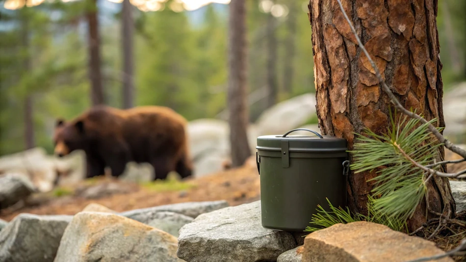 Bear-resistant food canister and proper wildlife safety equipment including bear spray and signaling devices in natural forest setting, illustrating evidence-based bear encounter prevention strategies that contradict dangerous play-dead myths - InfoProds 2026