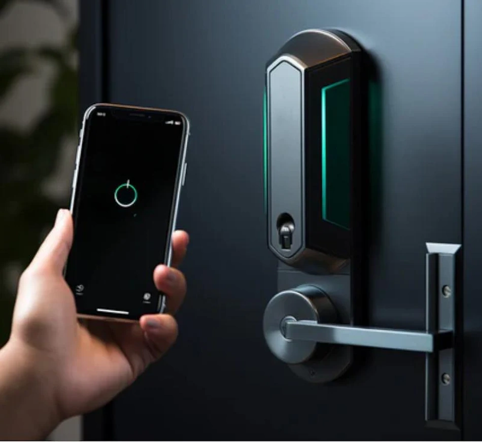 Smart Lock Photovoltaic Receiver Panel Converting Light to Electrical Power Close-up view of gallium arsenide photovoltaic receiver cells integrated into smart lock exterior assembly converting optical infrared beam energy to electrical current powering lock motor processor and wireless communications without batteries, showcasing advanced wireless power transfer technology for sustainable home automation - InfoProds 2026