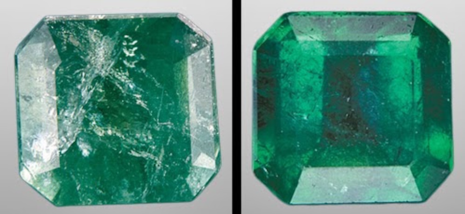 Side by side comparison of fracture-filled treated emerald versus untreated emerald displaying dramatic clarity improvement from oil and resin enhancement - InfoProds gemstone treatment comparison 2026