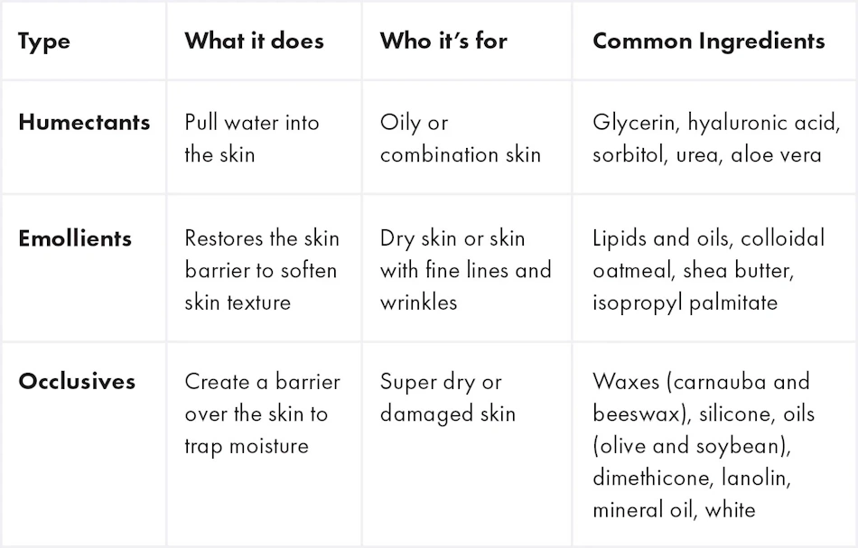 Comparison chart showing different moisturizer ingredients humectants emollients occlusives for dry skin treatment Educational comparison chart displaying three essential moisturizer ingredient categories - humectants like hyaluronic acid, emollients such as ceramides, and occlusives including petrolatum - with visual examples and descriptions for effective dry rough skin treatment selection - InfoProds 2026 beauty guide