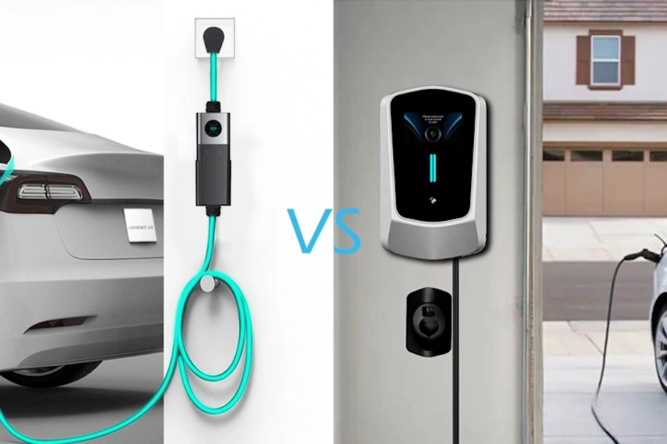 Level 1 versus Level 2 EV Charging Equipment Comparison Side-by-side comparison of Level 1 standard outlet charging cable and Level 2 wall-mounted charger demonstrating different home EV charging options and equipment types - InfoProds 2026