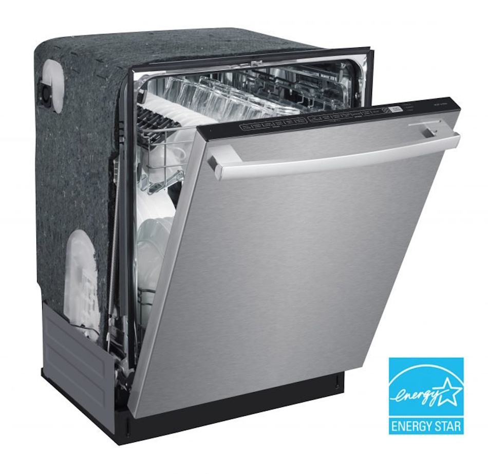 Modern ENERGY STAR Certified Dishwasher with Efficient Water Spray System Stainless steel ENERGY STAR certified dishwasher with open door showing efficient spray arm design and loaded dish racks demonstrating proper loading technique for maximum water conservation in modern kitchens - InfoProds 2026 kitchen efficiency guide