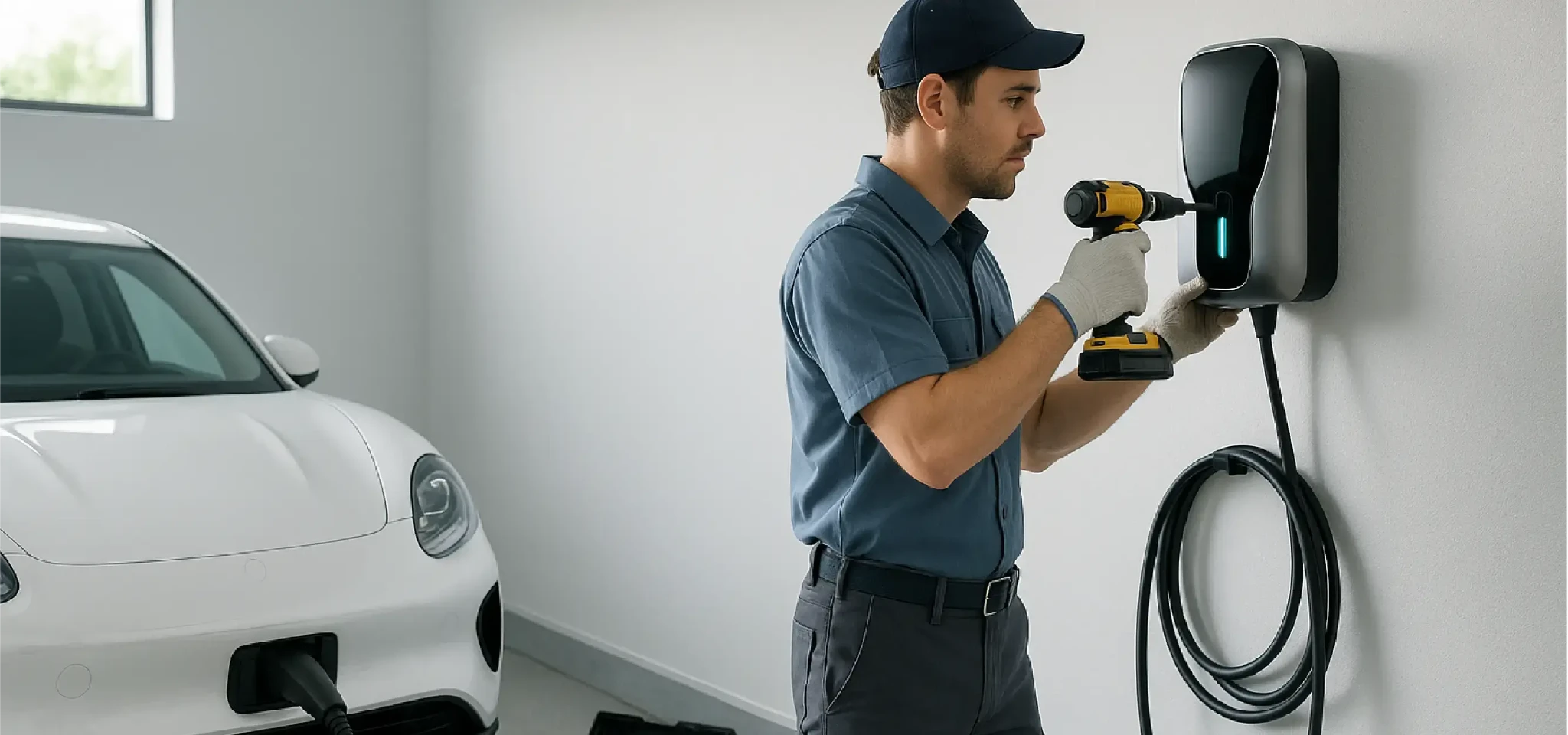 Professional electrician installing Level 2 home charging station electrical panel upgrade Licensed electrician performing electrical panel upgrade and installing dedicated circuit for Level 2 electric vehicle charging station showing infrastructure investment costs - InfoProds 2026