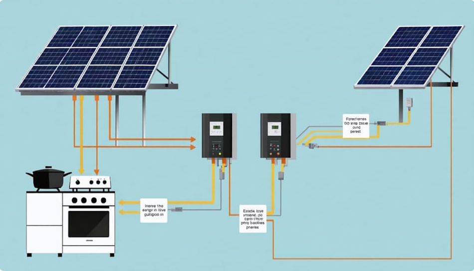 Eco-friendly residential property featuring photovoltaic solar panel array on roof providing renewable electricity for induction cooking appliances achieving zero carbon emissions sustainable food preparation combining clean energy generation with efficient electric cooking technology InfoProds 2026 environmental impact analysis kitchen electrification guide
