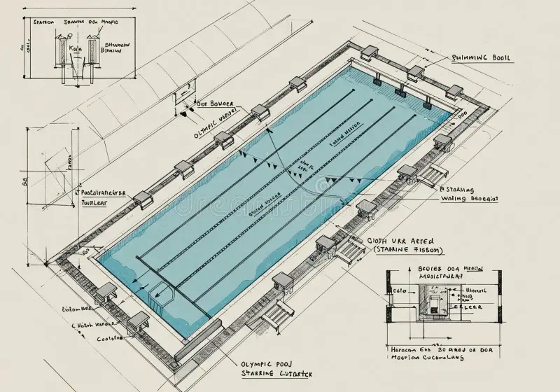 Construction of Modern Olympic Swimming Pool Showing Multiple Engineering Layers Construction site revealing complex engineering layers of Olympic-standard swimming pool including reinforced concrete structure circulation systems perforated gutters and specialized filtration equipment installation - InfoProds 2026