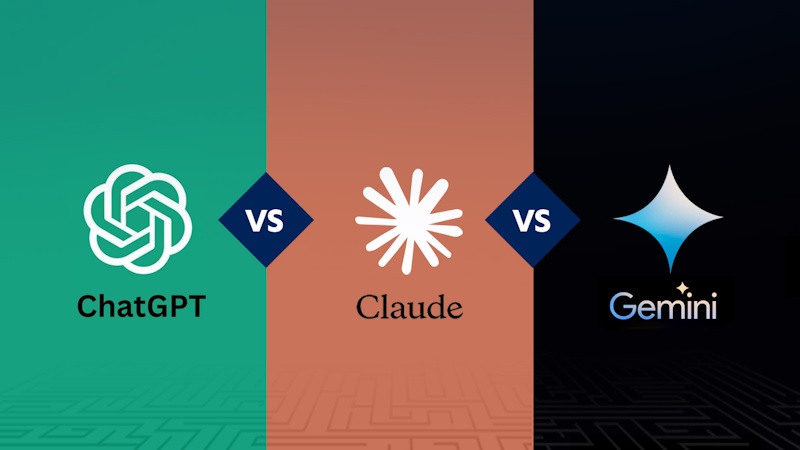 Side-by-side comparison of ChatGPT, Google Gemini, and Claude AI interfaces on computer screen Three browser windows displaying ChatGPT, Google Gemini, and Claude AI conversation interfaces showing artificial intelligence chatbot comparison testing - InfoProds 2026