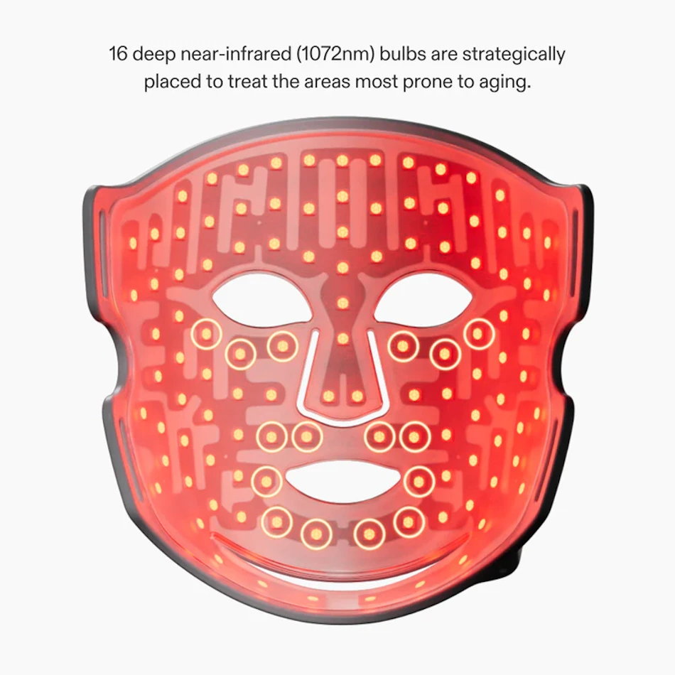Close-Up of FDA-Cleared LED Face Mask Technology Detailed close-up view of FDA-cleared LED light therapy face mask showing multiple wavelength lights for acne treatment wrinkle reduction and skin rejuvenation technology - InfoProds 2026