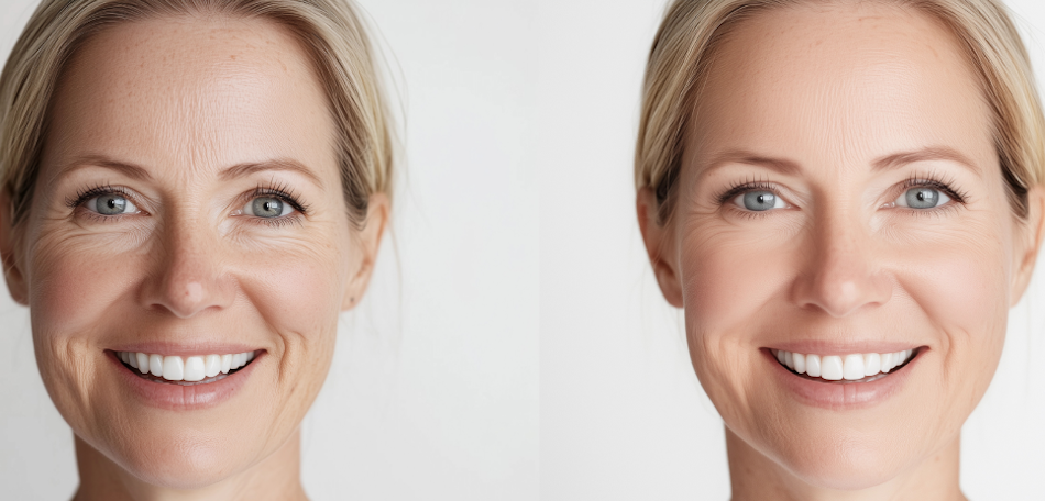 Before and After LED Therapy Results on Skin Side by side comparison showing realistic before and after results from consistent LED light therapy mask treatment for anti-aging collagen production fine lines reduction - InfoProds 2026