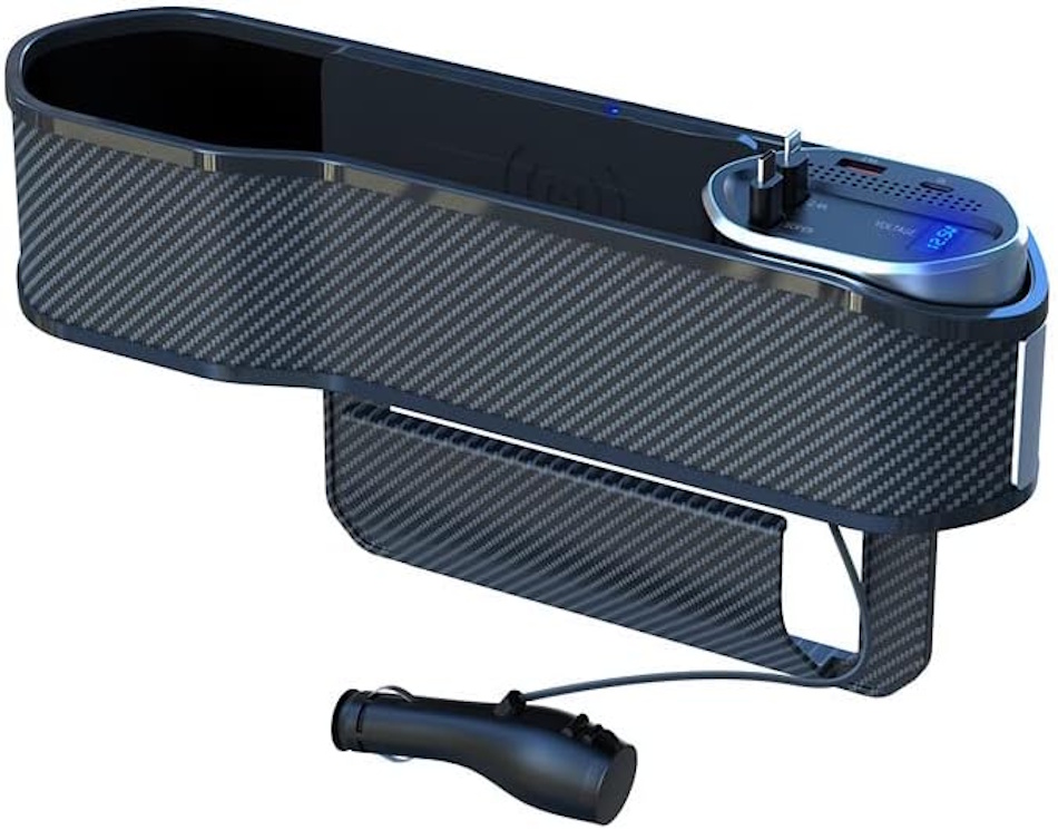 Smart Gap Filler with Wireless Charging Technology Advanced smart car seat gap filler featuring integrated Qi wireless charging pad, USB-C Power Delivery ports, LED ambient lighting system, and Bluetooth connectivity for smartphone control, representing cutting-edge automotive accessory technology integration - InfoProds 2026