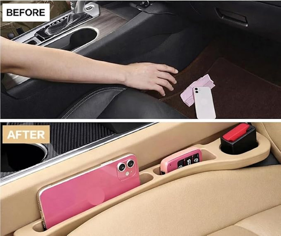 Car Interior Organization Before and After Gap Filler. Side-by-side comparison showing vehicle interior before gap filler installation with visible void between seats where items disappear, versus after installation with seamless protective barrier maintaining organized cabin environment and preventing item loss in modern car - InfoProds 2026
