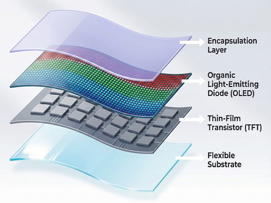 Flexible Display Engineering and OLED Screen Materials Close-up detailed view of flexible OLED display materials, ultra-thin glass substrates, hinge engineering components, and advanced smartphone screen technology demonstrating materials science innovations in foldable phone construction 2026 - InfoProds