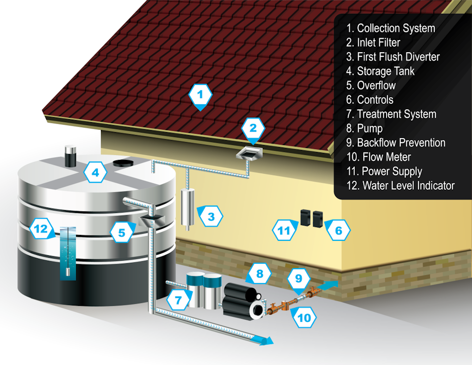 Complete Residential Rainwater Harvesting Setup Comprehensive residential rainwater harvesting system showing barrels, filtration, overflow management and strategic positioning for long-term water independence and conservation - InfoProds Complete Home Guide 2026
