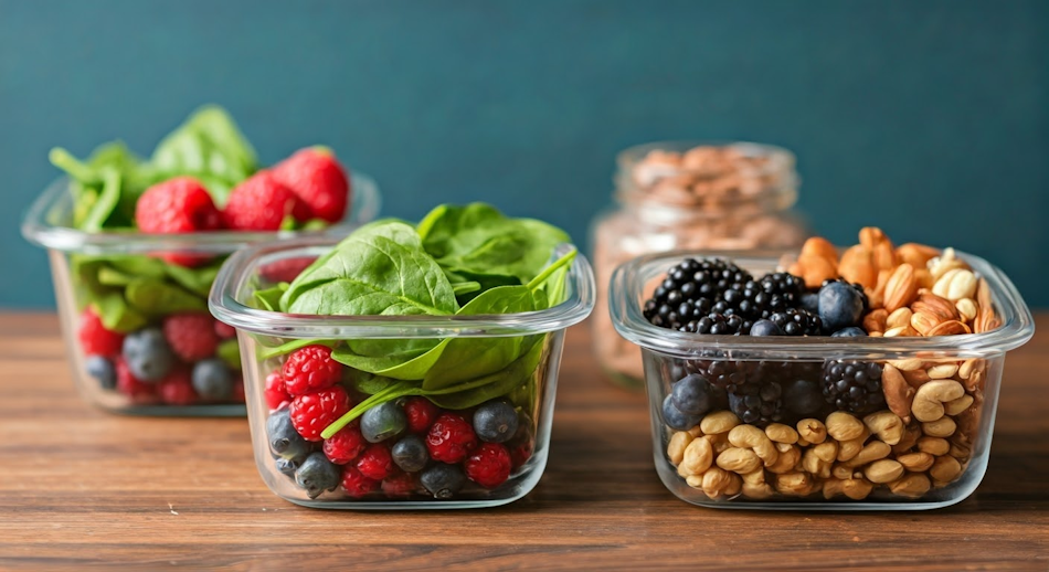 Healthy Balanced Meal Prep Containers with Skin-Supporting Foods Organized glass meal prep containers filled with colorful nutrient-dense meals featuring lean proteins, roasted vegetables, quinoa, leafy greens, and berries demonstrating practical weekly meal planning for maintaining consistent skin-healthy nutrition and beautiful radiant complexion - InfoProds 2026