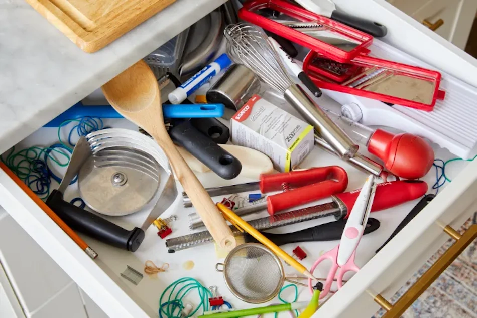 Worn dulled kitchen knives and damaged precision tools showing premature wear from improper cluttered drawer storage without protective organization - InfoProds 2026 tool preservation guide