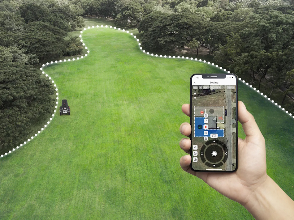 Smartphone App Showing Virtual Boundary Mapping and Mowing Pattern Planning Mobile phone displaying robotic lawn mower app interface with GPS virtual boundary mapping, systematic parallel stripe coverage pattern visualization, multi-zone management features, real-time mower position tracking - InfoProds Smart Mower Technology 2026