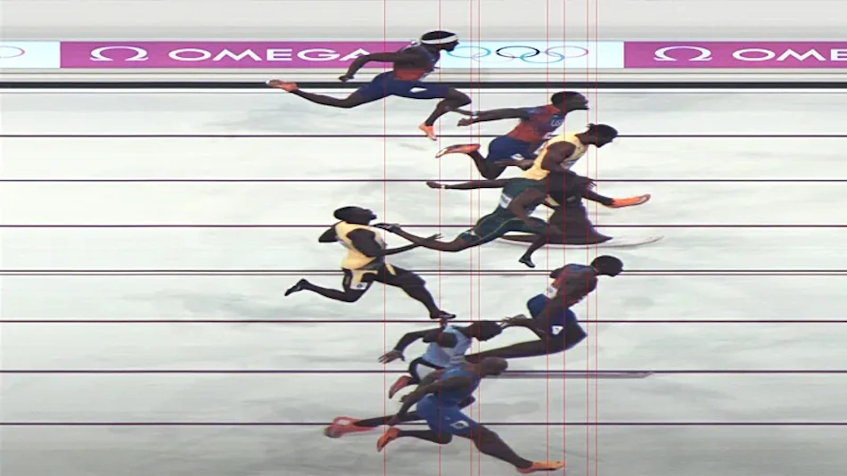 Olympic Sprinter Photo Finish Technique Professional Olympic sprinter demonstrating perfect finish line technique with forward torso lean and downward head position during 100-meter championship race - Sprint biomechanics training guide InfoProds 2026