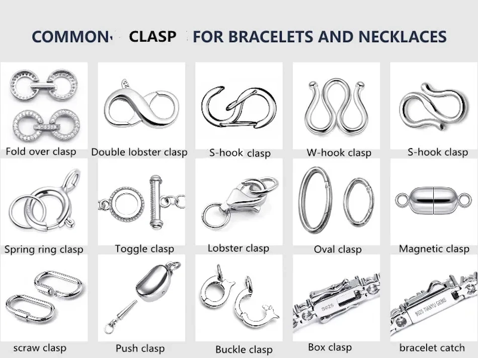 Different Types of Jewelry Clasps Display Comparison Professional jewelry repair workstation displaying spring ring, lobster, box, and toggle clasps side by side for comparison showing size differences and mechanical design variations - InfoProds 2026