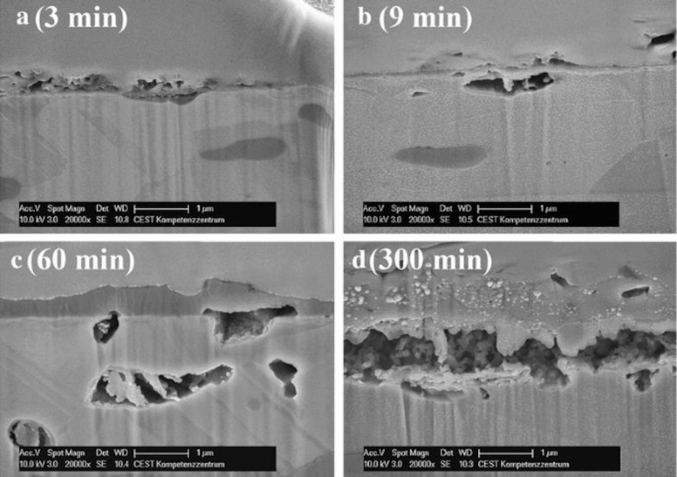 Cross-Section View of Silver Sulfide Tarnish Layer Microscopic examination revealing layered structure of silver sulfide tarnish formation on sterling silver surface, showing progressive darkening from initial yellowish coating to thick black layer demonstrating diffusion-limited growth process - metallurgy science InfoProds 2026