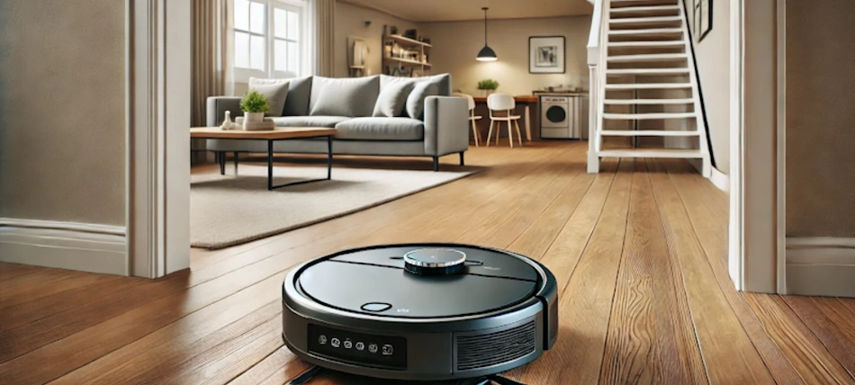 Contemporary multi-story residential home interior showcasing stair-climbing robot vacuum integrated with smart home automation system performing whole-home cleaning across multiple floors with centralized control and scheduled coordination - InfoProds 2026