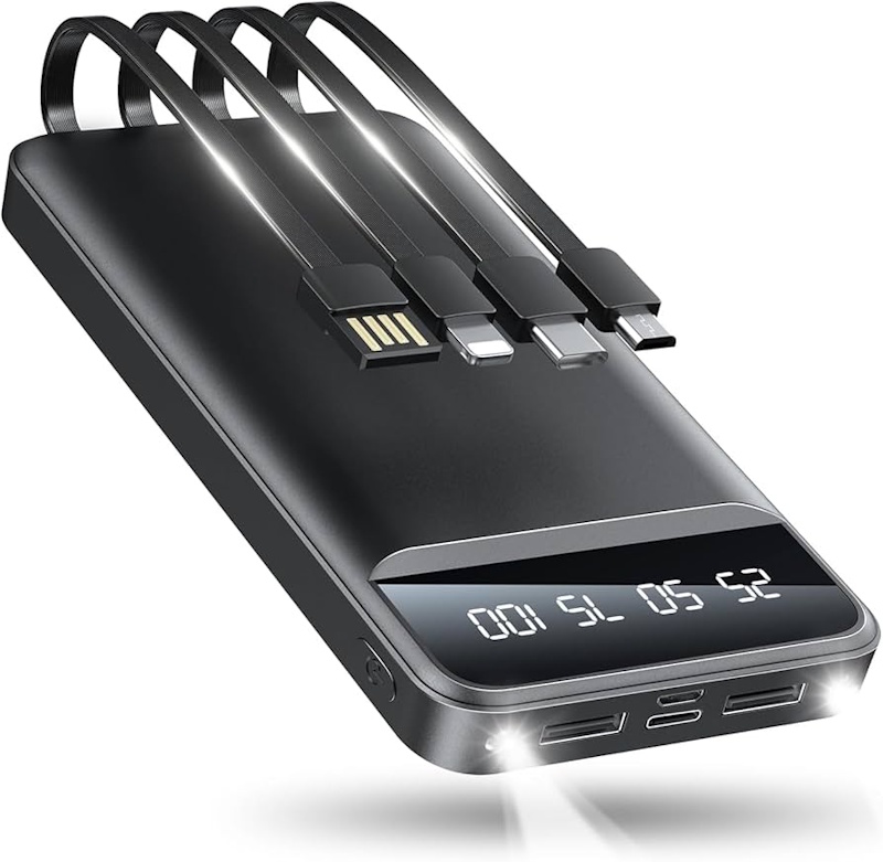 Compact portable power bank in travel bag with passport showing TSA-friendly mobile charging for flights