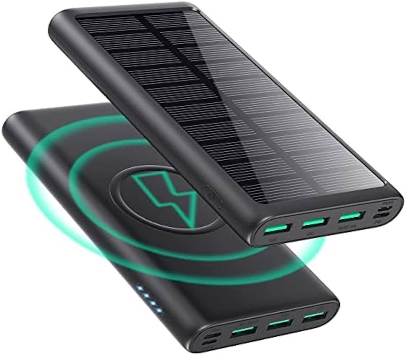 Wireless Qi charging power bank with smartphone placed on top showing cable-free charging convenience