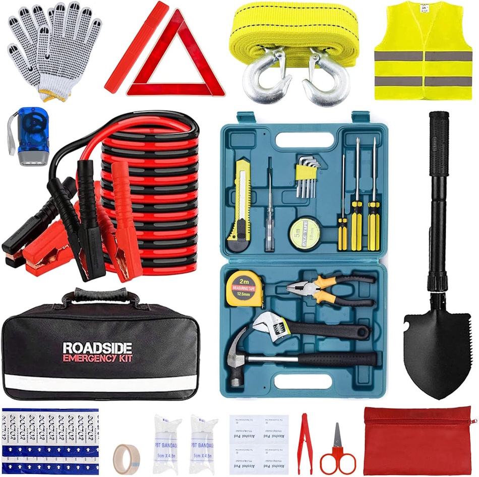 Car Emergency Kit Vehicle Roadside Assistance Supplies Winter Survival Gear Complete vehicle emergency kit showing jumper cables tire repair tools emergency blanket flashlight first aid supplies water organized in car trunk for roadside assistance winter survival everyday carry EDC preparedness - InfoProds 2026