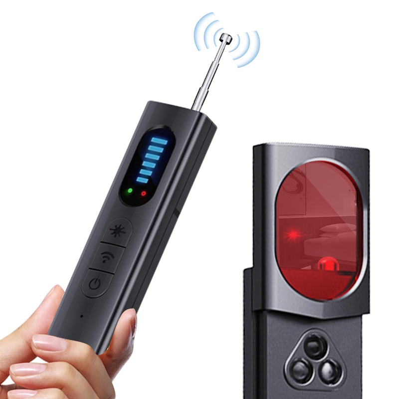 Hidden Camera Detection Tools and Privacy Protection Techniques Camera detector device and smartphone being used to detect hidden surveillance cameras in hotel room