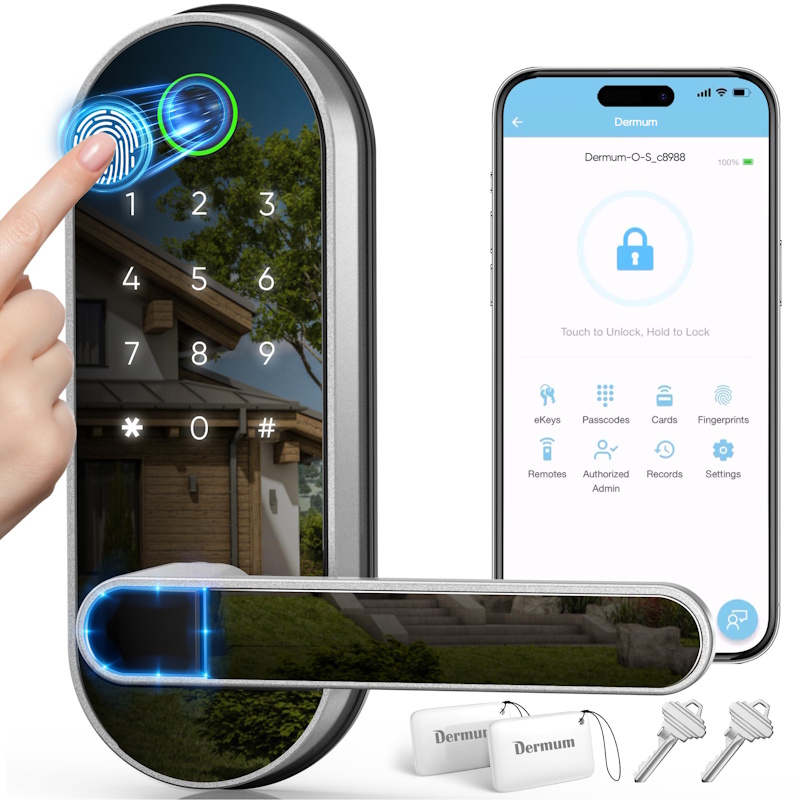 Smart Locks and Access Control Systems for Enhanced Home Security Modern smart lock with keypad and fingerprint scanner installed on residential door for home security