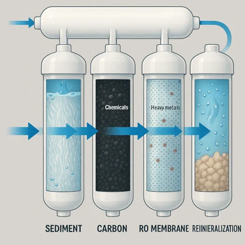 Multi-barrier water purification combination methods Complete water purification system showing filter, chemical tablets, UV device, and boiling pot demonstrating multi-barrier approach combining methods for comprehensive pathogen protection - InfoProds 2026