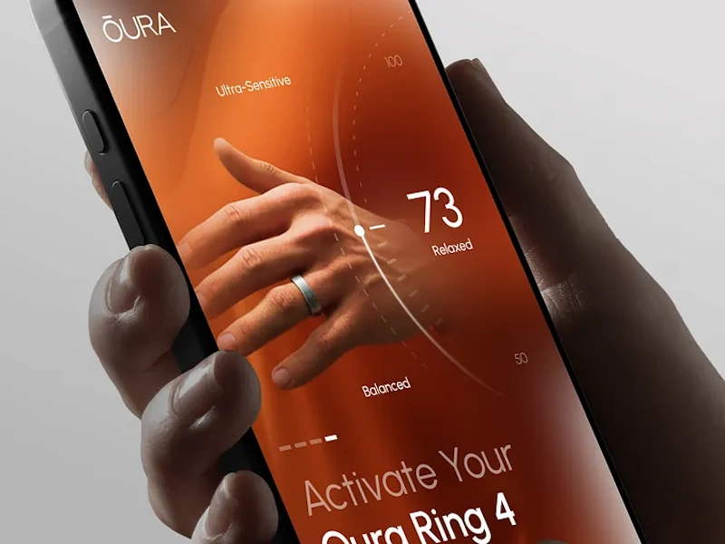 Smartphone app interface displaying health tracking data from smart jewelry showing heart rate sleep patterns activity metrics biometric monitoring wearable technology dashboard InfoProds 2026